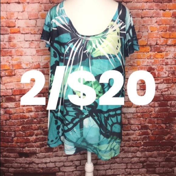 DNKY Butterfly Green and Blue Scoop Neck Flutterby Sleeve Tee